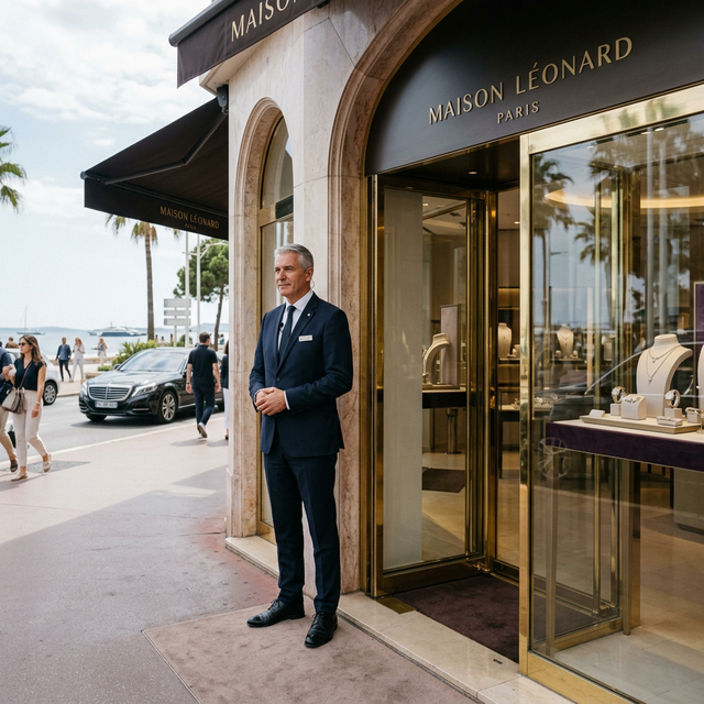 Agent de sécurité devant boutique de luxe sur la Côte d'Azur — MO'CYNO