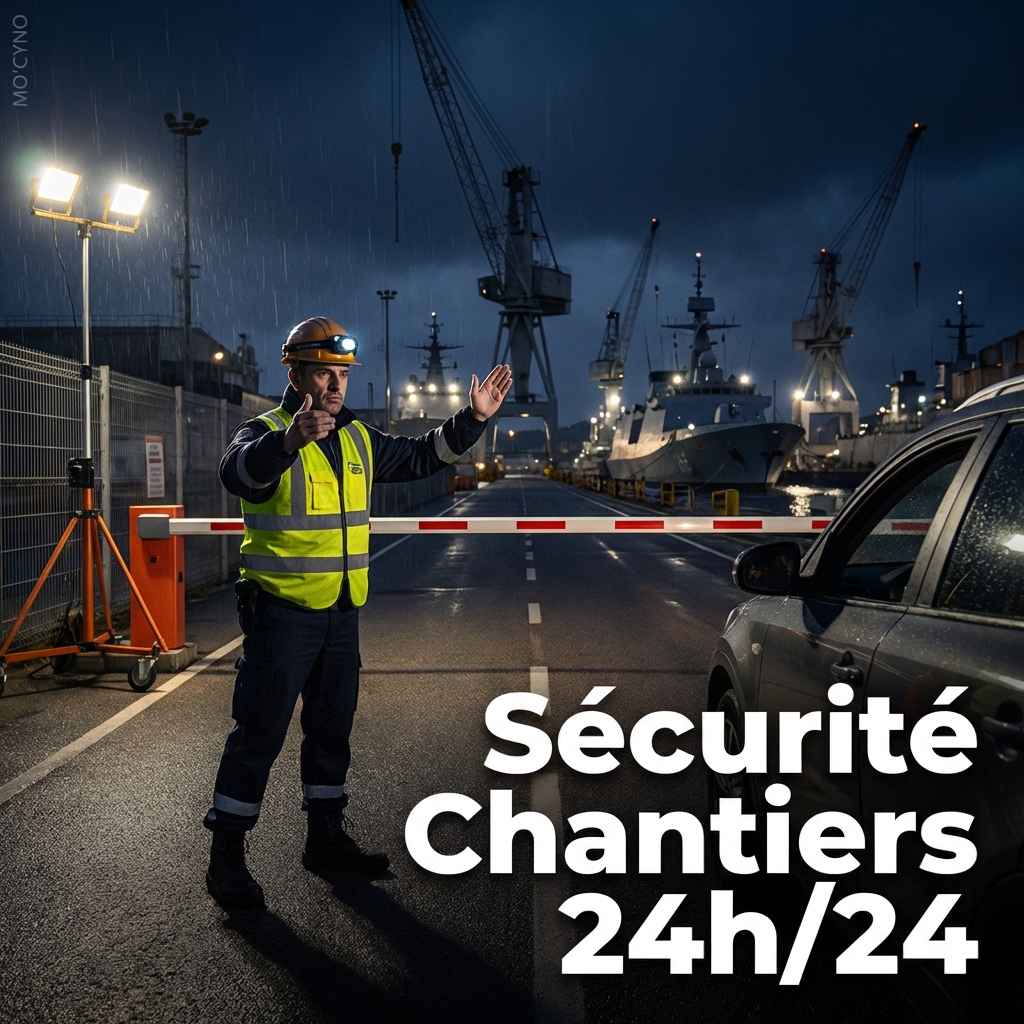 Agent de sécurité MO'CYNO sur un chantier naval la nuit