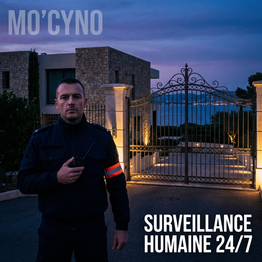 Agent de sécurité MO'CYNO en surveillance devant une villa